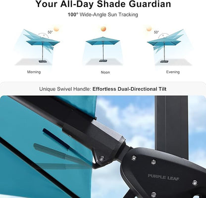 PURPLE LEAF 8' X 11' Left-right Tilting Patio Umbrella Outdoor Cantilever Swivel Rectangle Umbrella with Tilt Aluminum Offset Umbrella with 360-degree Rotation for Garden Deck Pool Patio Turquoise Blue