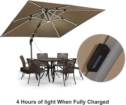 PURPLE LEAF 10 Feet Solar Powered LED Square Cantilever Umbrella With Base Patio Umbrellas Windproof Hanging Umbrella Outdoor Umbrellas Offset Umbrellas, Beige