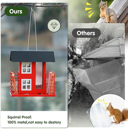 Metal Bird Feeders for Outdoors Hanging with 2 Suet Cage Cake Squirrel Proof Hanging Suet Feeder Large Capacity Wild Bird Feeder Easy Clean&Anti-Rust Attracting Birdhouse Red