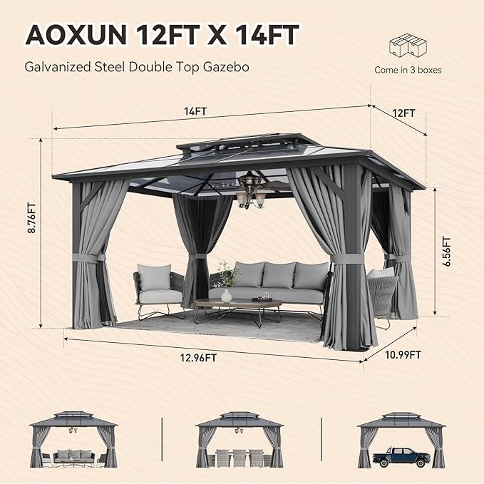 Aoxun 12'x14' Hardtop Gazebo, Aluminum Frame Permanent Pavilion with Netting and Curtains, Outdoor Polycarbonate Double Roof Canopy, Designed for Lawn, Garden, Patio (Gray)