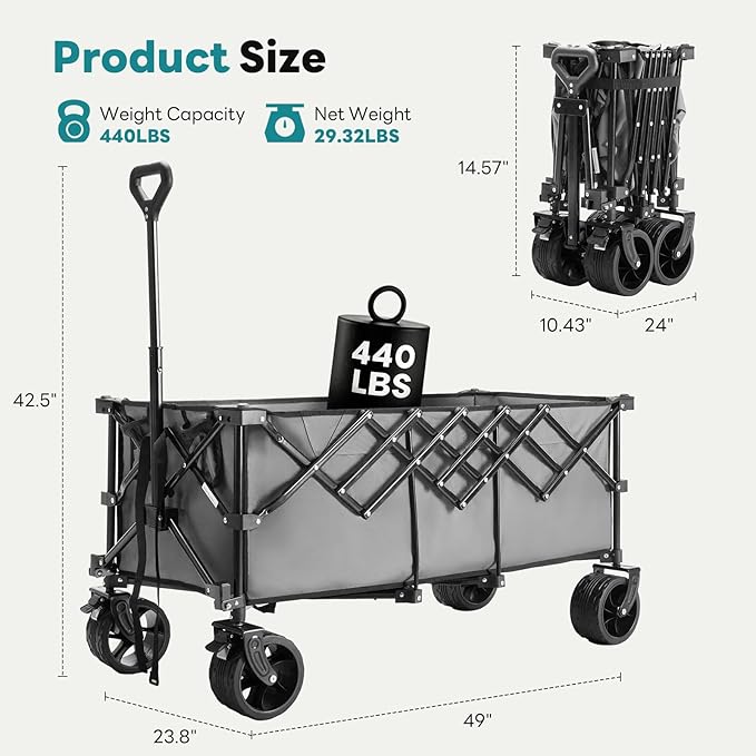 OLIXIS Collapsible Wagon Cart - 440lbs Foldable Extra Long Heavy Duty Utility Wagon with Wheels, Portable Storage Grocery Cart for Camping, Shopping, Sports, Beach, Garden (Grey, 48" L)