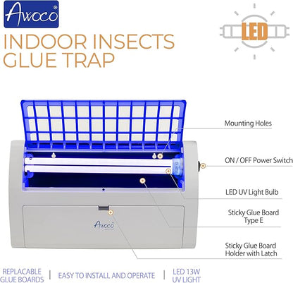 Awoco LED 13W 100V-240V Wall Mount Sticky Fly Trap Lamp for Capturing Flies, Mosquitoes, Moths and Flying Insects (Fly Trap + 6 Glue Boards)