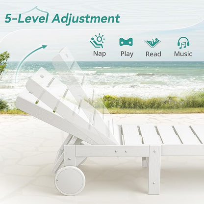 Outdoor Chaise Lounge Chairs Set of 4, 26.8” Super Wide Lounge Chair Outdoor, HDPS Pool Chairs with 5 Positions, Patio Lounge Chair with Wheels for Pool,Lawn,Backyard, White