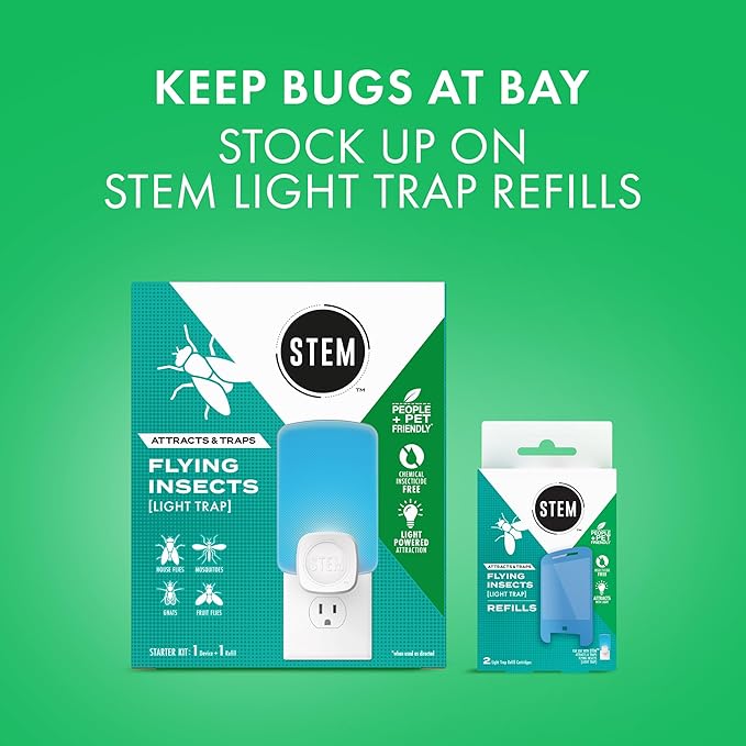 STEM Light Trap: Indoor Fruit Fly Trap, Effective Insect Control for Home, Attracts and Traps Flying Insects, Emits Soft Blue Light, Starter Kit with 1 Plug-in Device and 3 Cartridges
