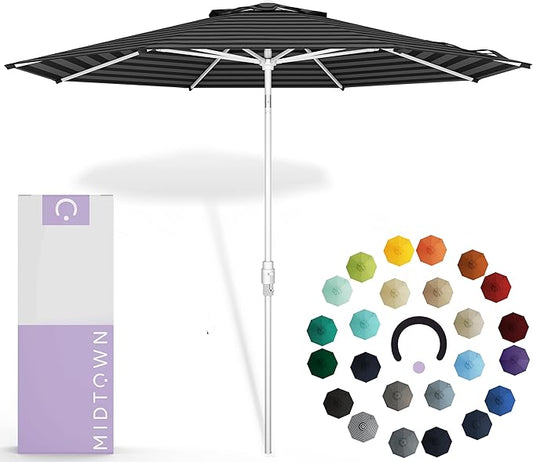 Midtown Umbrellas The Swilt 10 Feet Patio Umbrella in Sunbrella Black & White Acrylic Fabric - Fiberglass Ribs, Auto-Tilt Aluminum Frame For Backyard, Deck, Garden, Pool - White Pole