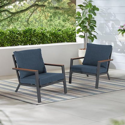 Soleil Jardin Aluminum Patio Furniture Armchair Set of 2, Outdoor Patio Chair with FSC Certified Solid Wood Top, Outdoor Conversation Set Deep Seating Single Chair w/Removable Cushion, Denim Blue