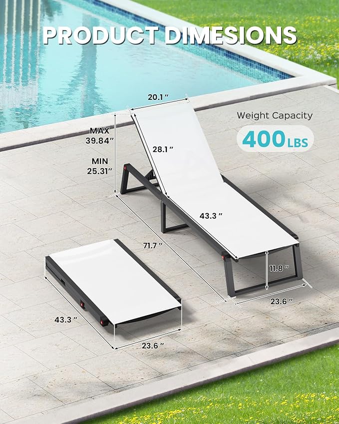 Aluminum Chaise Lounge Chair Outdoor, Foldable & Assembly Free Patio Pool Lounge Chairs 5-Position Recliner for Outside Poolside, Fully Grounded Legs Sun Lounger for Beach, Yard, White