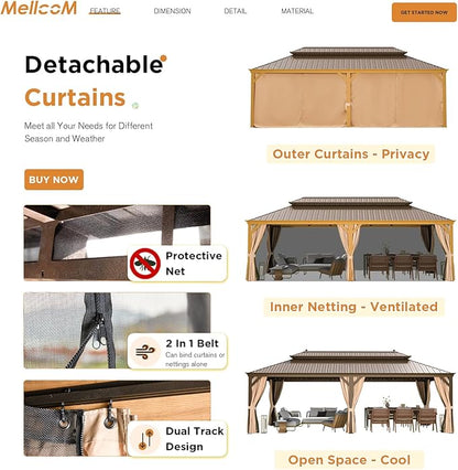 MELLCOM 12'x24' Hardtop Gazebo, Wood Grain Aluminum Frame with Galvanized Steel Double Roof, Outdoor Gazebo with Curtains and Nettings for Patio, Backyard and Deck