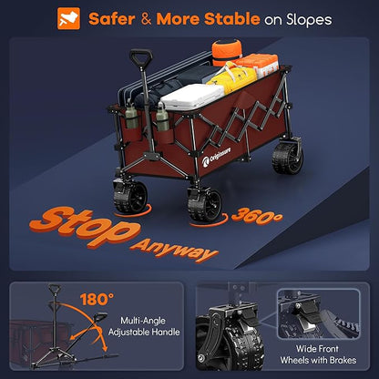 220L Collapsible Wagon Cart Foldable, 460lbs Load Capacity Heavy Duty Folding Beach Wagons with Big All-Terrain Wheels, Utility Carts for Groceries, Shopping, Camping, Sports - Red
