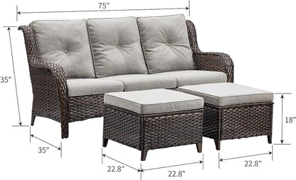 HUMMUH 3 Piece Patio Furniture Set All Weather Wicker Outdoor Sectional Sofa Manual Weaving Rattan High Curved Back Patio Couch with Ottomans