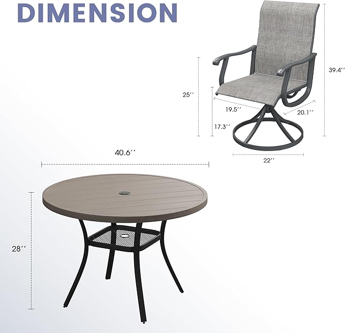 VICLLAX 5 Pieces Outdoor Dining Set, Patio Furniture Set of 4 Patio Swivel Dining Chairs and 41" Patio Round Table with Storage Shelf, Grey Chairs & Antique Grey Tabletop