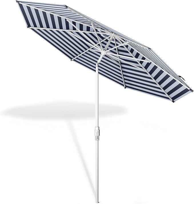 Midtown Umbrellas The Swilt 10 Feet Patio Umbrella in Terylast Navy Stripes (Navy/White) Polyester Fabric - Fiberglass Ribs, Auto-Tilt Aluminum Frame For Backyard, Deck, Garden, Pool - White Pole