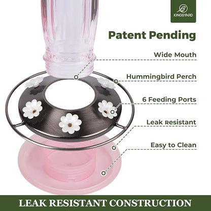Kingsyard Glass Hummingbird Feeder for Outdoors Wild Bird Feeder with 6 Feeding Ports Hanging for Garden Yard, Pink (Ant Moat Included)