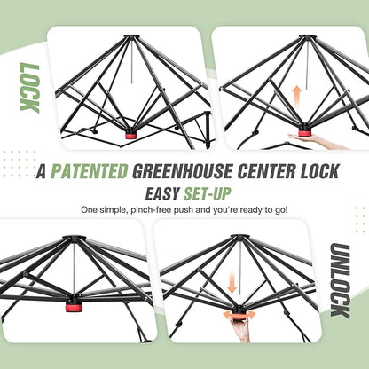 EAGLE PEAK Instant Pop-up Greenhouse, Indoor Outdoor Plant Gardening Green House, Roll-Up Zipper Doors and Side Windows, Walk in 10x10 ft, Green/Clear