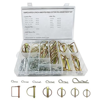 boatsea 184Pcs Cotter Pin Assortment Kit Heavy Duty Hitch Linch and PTO Pins,Shaft Locking R Clips Retaining Hair Pins Assortment, Including Pins&Square Arch Pins&Lynch pins,trailer pin