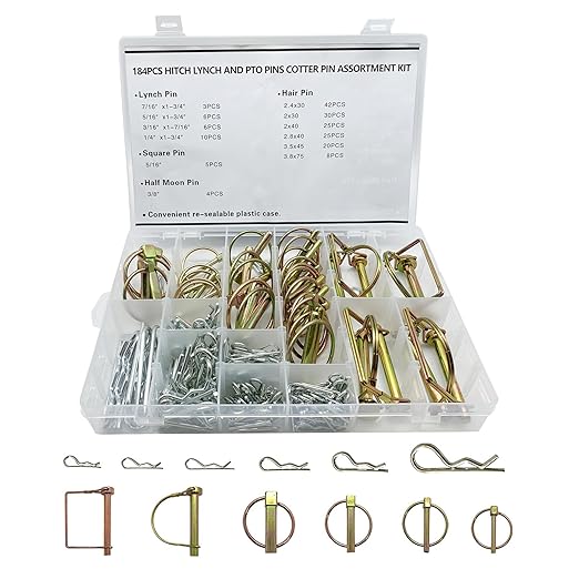 boatsea 184Pcs Cotter Pin Assortment Kit Heavy Duty Hitch Linch and PTO Pins,Shaft Locking R Clips Retaining Hair Pins Assortment, Including Pins&Square Arch Pins&Lynch pins,trailer pin