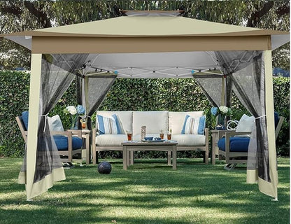 COBIZI 12x12 Pop Up Gazebo On Clearance - Upgrade Easy Up Metal Outdoor Canopy Waterproof - Portable Gazebo with Mosquito Nettings, 4 Ropes 8 Stakes and Carry Bag for Patio Garden(Khaki)
