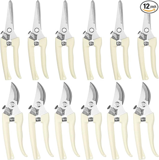 12 Pcs Garden Shears Flower Scissors Pruning Shears Floral Garden Clippers Hand Pruners Branch Cutter Gardening Tools for Plants Cutting, Trimming, Fruits Picking(Bypass, Straight)