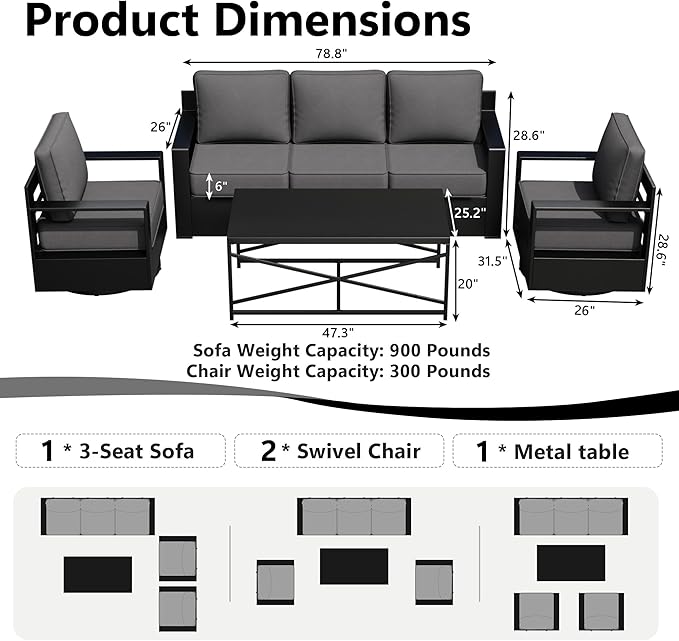 Outdoor Patio Furniture Set, 4-Piece Aluminum Patio Conversation Set All-Weather Metal Outdoor Sectional with 6 Inch Thick Cushions, Deep Setting for Garden, Outside and Porch
