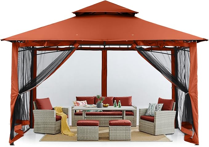 MASTERCANOPY Outdoor Garden Gazebo for Patios with Stable Steel Frame and Netting Walls (11x11,Rust Red)