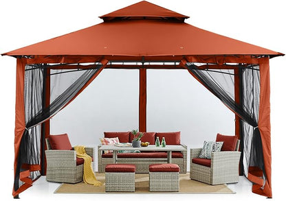 MASTERCANOPY Outdoor Garden Gazebo for Patios with Stable Steel Frame and Netting Walls (11x11,Rust Red)