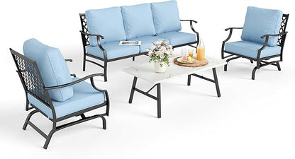 Patio Furniture Set 4 pcs, Outdoor Patio Furniture, 3-Seat Sofa, 2 Rocking Chairs, Metal Coffee Table and 5.75" Extra Thick Cushion, Patio Conversation Set for Garden Backyard Deck,Blue