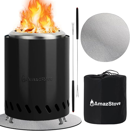 9.7 x 7.1 Inch Tabletop Fire Pit by AmazStove, Low Smoke Camping Stove for Outdoor Safe Burning Firepits, Fueled Pellets or Wood, Travel Bag Included (Black, 9.7 x 7.1 INCH)
