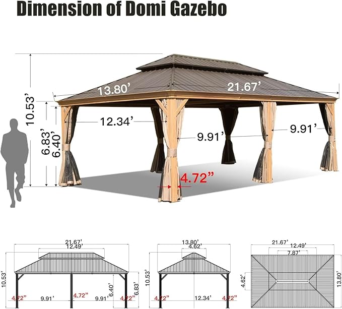 Domi 14'x22' Hardtop Gazebo Canopy,Outdoor Aluminum Gazebo with Galvanized Steel Double Roof, Extra Large Permanent Gazebo Pavilion for Patio Deck Backyard,Curtain and Netting,Wood Grain