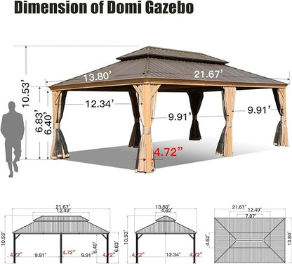 Domi 14'x22' Hardtop Gazebo Canopy,Outdoor Aluminum Gazebo with Galvanized Steel Double Roof, Extra Large Permanent Gazebo Pavilion for Patio Deck Backyard,Curtain and Netting,Wood Grain