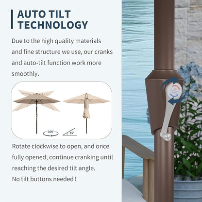 PatioKingdom Auto-Tilt 9FT Patio Umbrella Outdoor with 8 Sturdy Fiberglass Ribs,Market Table Umbrella for Pool,Backyard,Deck and Garden