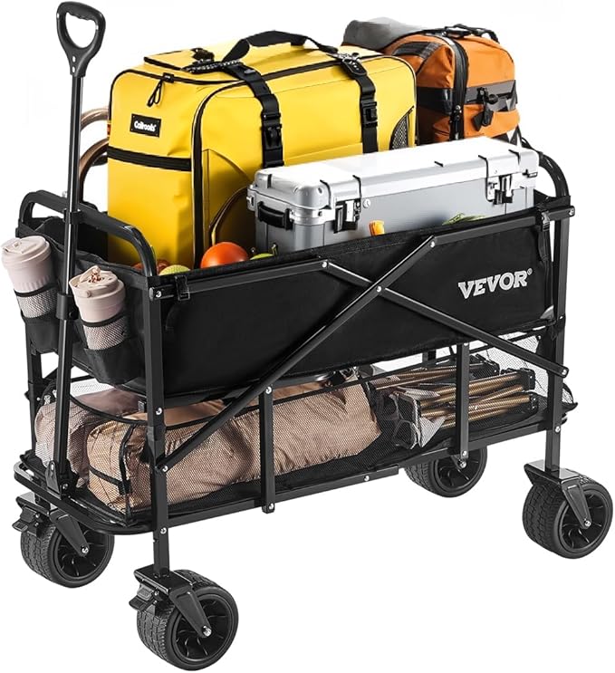 VEVOR 400L/450lbs Large Collapsible Double Decker Wagon, Foldable Heavy Duty Beach Wagon Cart with Big Wheels for Sand, Folding Utility Sports Cart for Camping Garden