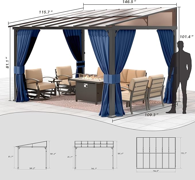 Gotland 10FTx12FT Outdoor Wall-Mounted Hardtop Pergola, Metal Frame Gazebo with Sloping Sun Panel Roof and Double Curtains for Patio, Garden, Lawn, Navy