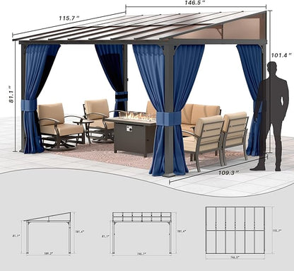 Gotland 10FTx12FT Outdoor Wall-Mounted Hardtop Pergola, Metal Frame Gazebo with Sloping Sun Panel Roof and Double Curtains for Patio, Garden, Lawn, Navy