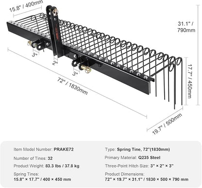 VEVOR Tow Behind Landscape Rake, 72" Tow Dethatcher with 32 Steel Tines, Lawn Dethatcher Rake Attaches to Category 1, 3 Point Hitch for Tractor, for Leaves, Pine Needles, Straw, and Grass