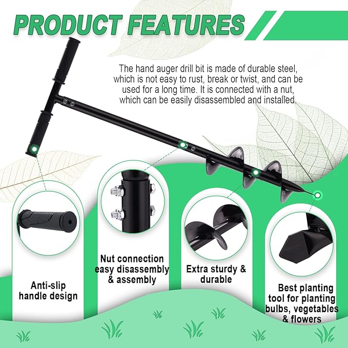 2 in 1 Hand Drill Auger Post Hole Digger – 44.5 inch Manual Garden Spiral Drill Planter for Bulb, Flower, Seedlings, Bedding Plants, Fence Post Auger for Trees, Mailbox, Deep Cultivating.