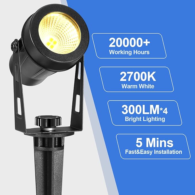 Low Voltage Landscape Lights 4 Pack, 49ft Cable Spotlight Outdoor with 12V Transformer, IP65 Waterproof Plug in Spot Lights 2700K Warm White for Yard, Plant, Lawn, Tree, Flags, Garden