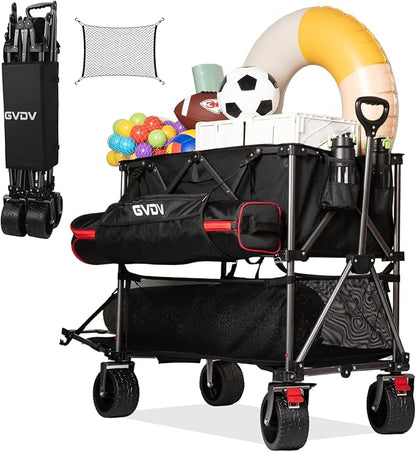 GVDV Double Decker Wagon 500LB Capacity & 400L Collapsible Carts with All-Terrain Wheels, 46" Extra Long Extender Cart with Nylon Netting, Foldable Wagon for Beach Camping Garden Sports