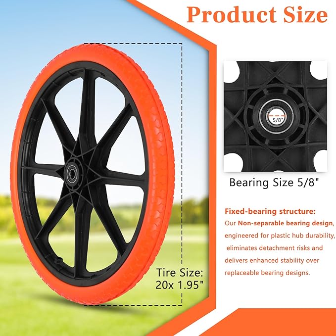 Upgraded 20x1.95" Flat Free Tires Compatible with rubbermaid Wheelbarrow Wheels, 20" Flat Free Tires with 5/8" Bearing Replacement for rubbermaid Cart Wheels/Big Wheel Utility Carts