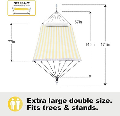 14ft Two Person Outdoor Hammock, Portable Camping with Folding Steel Spreader Bar, Carrying Bag, Carabiners, Tree Straps, Pillow & Sidebag, Quick Dry Textilene, 550 lbs Capacity (Lemon)