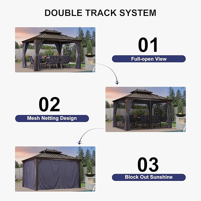 PURPLE LEAF 10' X 14' Hardtop Gazebo Pavilion for Outdoor with Netting and Curtains Deck Backyard Heavy Duty Sunshade Large Metal Patio Permanent Canopy