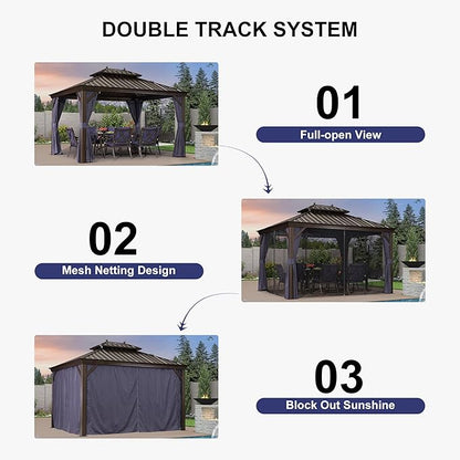 PURPLE LEAF 10' X 14' Permanent Hardtop Gazebo for Patio with Netting and Curtains Deck Backyard Heavy Duty Sunshade Metal Roof All Weather Outdoor Pavilion Canopy