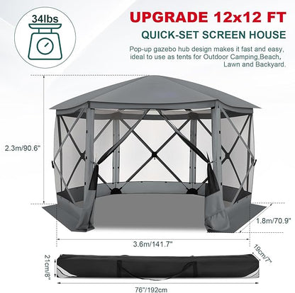 COBlZl Pop Up Gazebo 12x12 Screen House Tent for Camping, Outdoor Instant Stargazing Gazebo Canopy with Awning 2.0, Portable Hub Tent with Mosquito Netting, Pavilion for Backyard,Gray