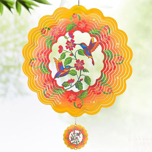 Wind Spinners - 12 Inches Large Hummingbird Wind Sculptures, 3D Reflective Metal Wind Spinner for Yard and Garden, Hummingbird Gifts for Mom, Daughter, Grandma's Birthday, Yellow Red