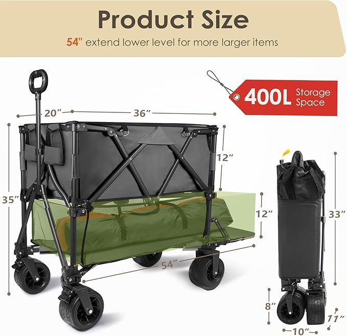 HOPERAN 400L XL Wagons Carts Foldable, 54" Extra Length Double Decker Collapsible Wagon Cart with Tailgate, 8" Big All-Terrain Wheels, 550lbs Load Utility Grocery Cart for Camping,Sports,Beach