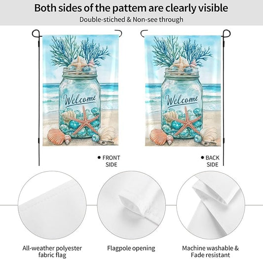 Seashells Ocean Garden Flag Vertical Double Sided Outdoor Yard Flags 12.5x18 Inch Burlap Banners Vertical Double Sided for Outdoor Decor Lawn