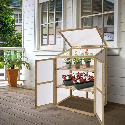 Moccha Greenhouse Wooden Cold Frame, Portable Garden Flower Planter with Removable Shelf and Hinges, Raised Cold Frame with Foldable Top and Side Doors for Outdoor, Porch, Backyard, Balcony