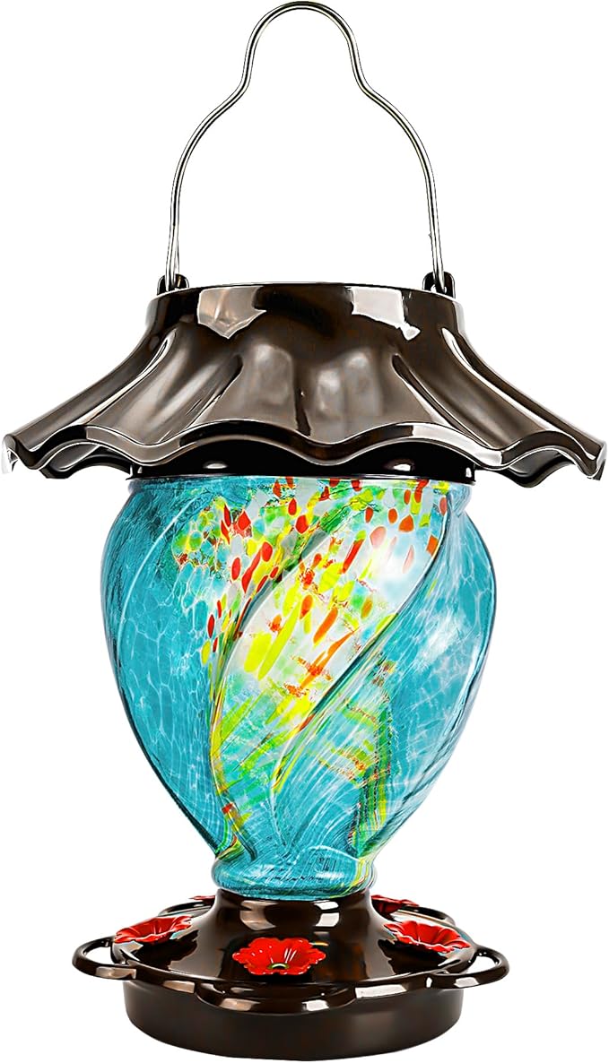 LUJII Solar Powered Hummingbird Feeder for Outside, Hand Blown Glass, 35 fl.oz, Never Leak, Waterproof, Metal Base Top, Lighted Lantern for Garden Decoration, Unique Gift for Bird Lovers, Teal