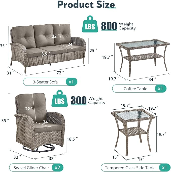 5 Piece Patio Furniture Set - Wicker Patio Conversation Set with Swivel Glider, 3 Seat Sofa, Tempered Glass Side Table and Coffee Table for Deck Backyard - Grey Wicker Grey Cushion