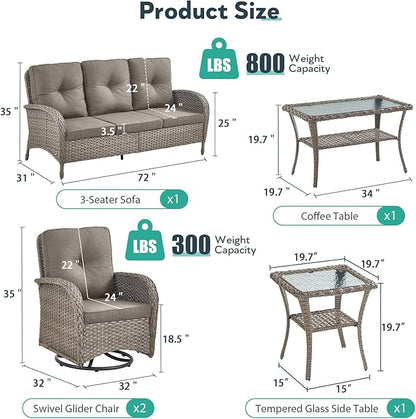 5 Piece Patio Furniture Set - Wicker Patio Conversation Set with Swivel Glider, 3 Seat Sofa, Tempered Glass Side Table and Coffee Table for Deck Backyard - Grey Wicker Grey Cushion