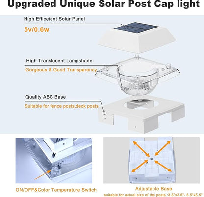 INDARUN Solar Outdoor Post Cap Lights with Cool White & Warm White, 120Lumen, 4x4 Post Solar Lights Fit Fence Deck Posts Caps - 4x4 5x5 6x6 Wood Posts/4x4 Vinyl Posts, for Porch, Patio, Yard Decor
